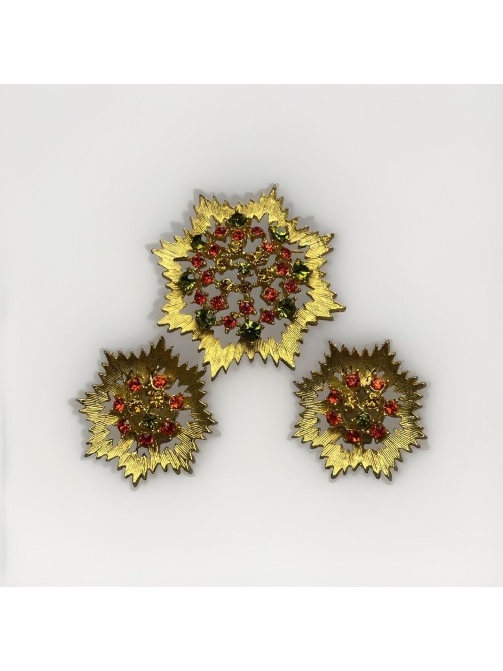 Vintage Sarah Coventry Jonquil Flower Brooch Set Clip-On Earrings Rhinestones